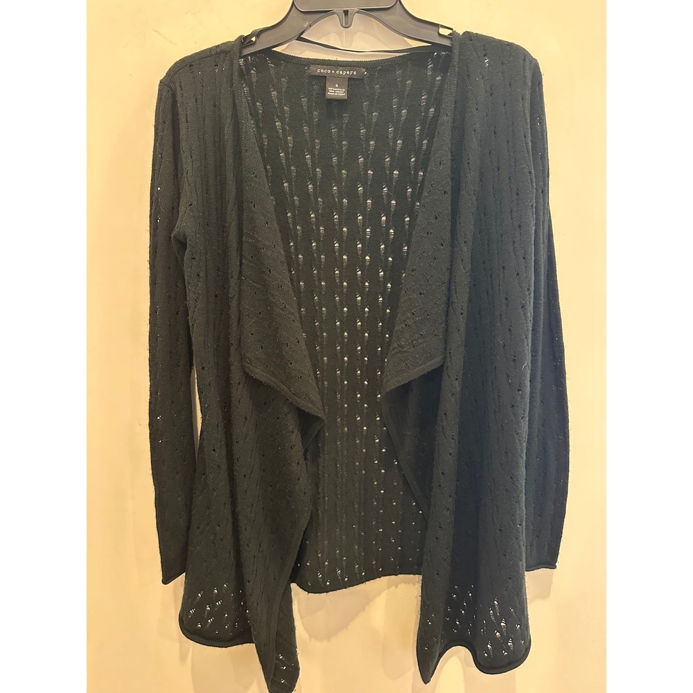 Coco + Capers Black Pointelle Dainty Open Front Waterfall Cardigan Sweater Small